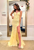 Load image into Gallery viewer, Spaghetti Straps Yellow Long Formal Dress with Appliques