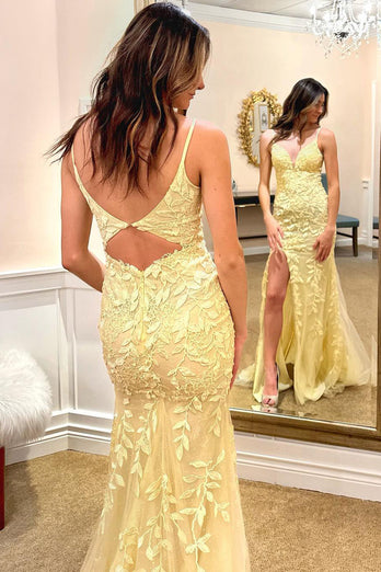 Spaghetti Straps Yellow Long Formal Dress with Appliques