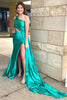 Load image into Gallery viewer, One Shoulder Cut Out Peacock Green Long Formal Dress with Slit