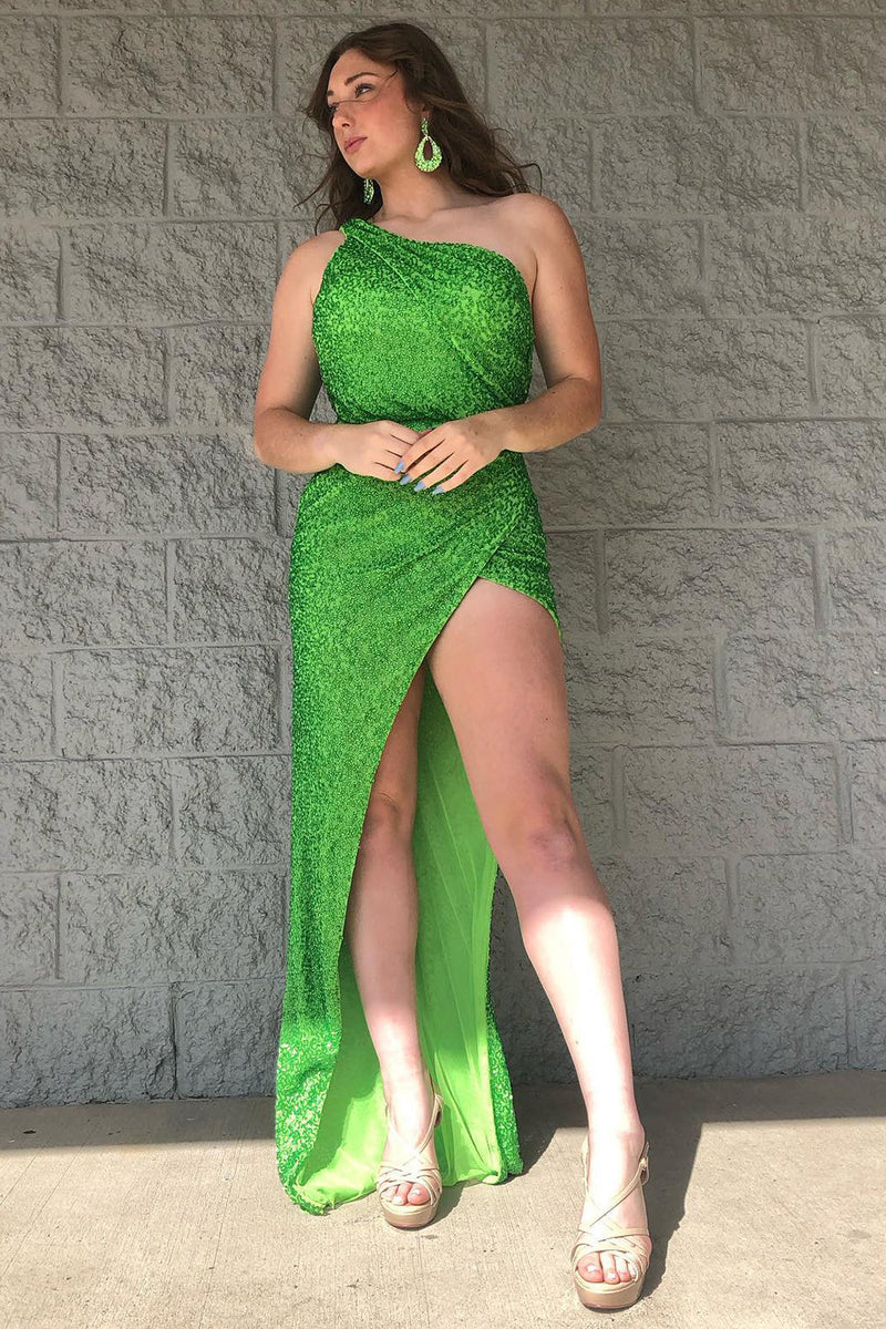 Load image into Gallery viewer, One Shoulder Green Long Formal Dress with Slit