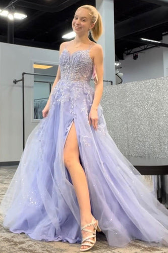 Tulle Spaghetti Straps Light Purple Long Formal Dress with Slit