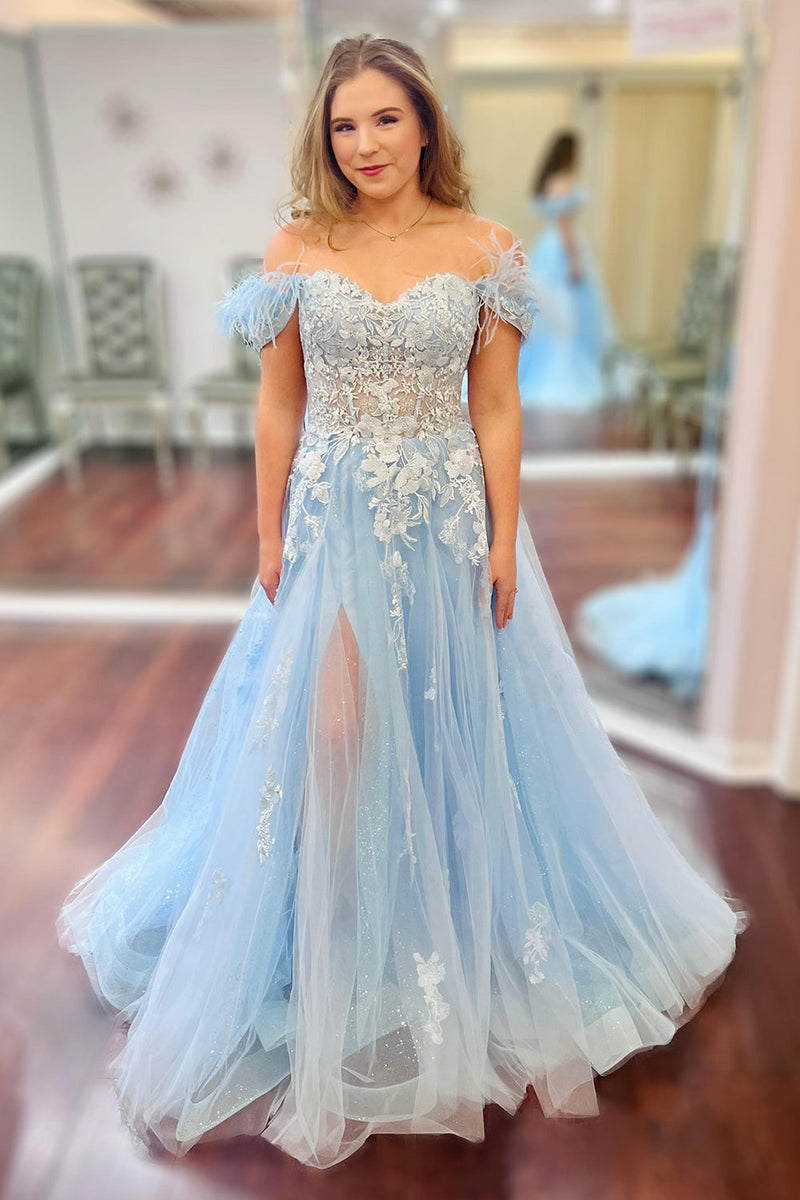 Load image into Gallery viewer, Glitter Off The Shoulder Light Blue Corset Formal Dress with Appliques