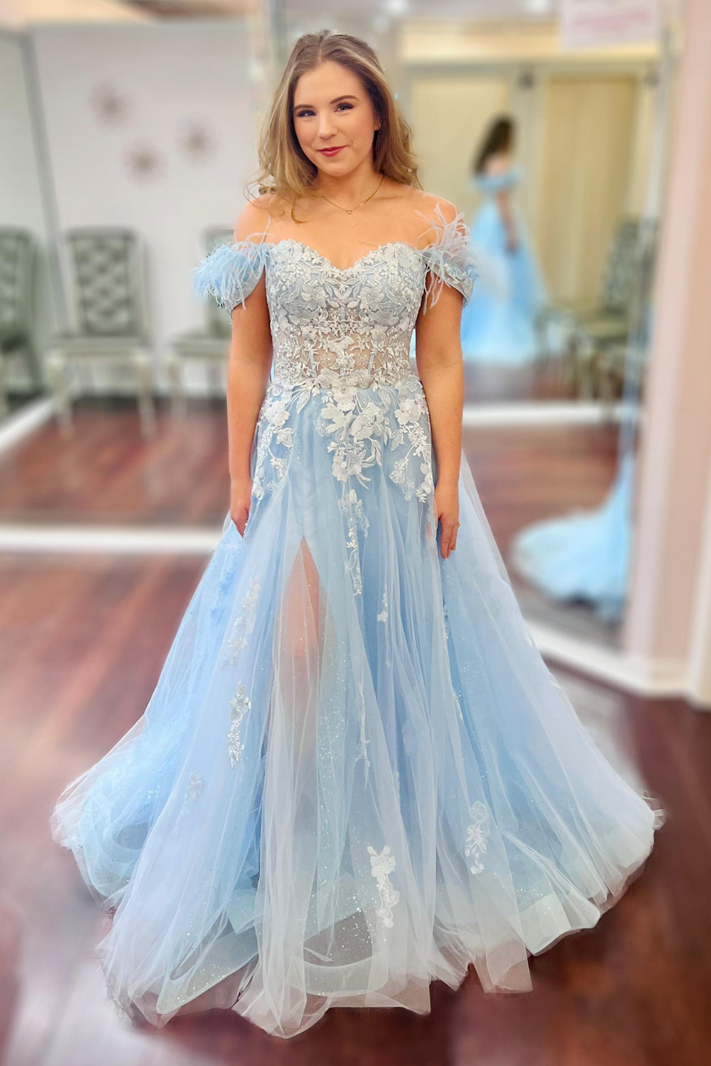 Glitter Off The Shoulder Light Blue Corset Formal Dress with Appliques