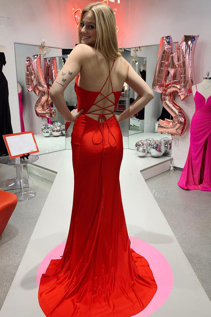 Load image into Gallery viewer, Satin Mermaid Red Corset Formal Dress with Slit