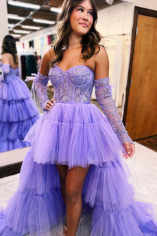 Purple High Low Detachable Sleeves Corset Formal Dress with Lace