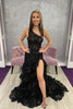 Load image into Gallery viewer, Sparkly Black One Shoulder Tiered Lace Long Formal Dress with Slit