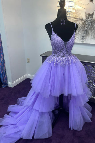 Purple High Low Tiered Formal Dress with Lace