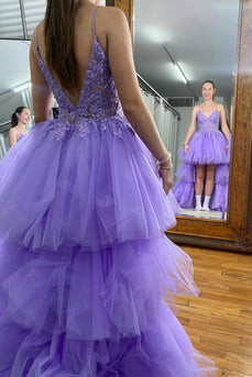 Purple High Low Tiered Formal Dress with Lace