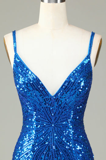 Sheath Spaghetti Straps Peacockt Blue Sequins 1920s Dress with Tassel