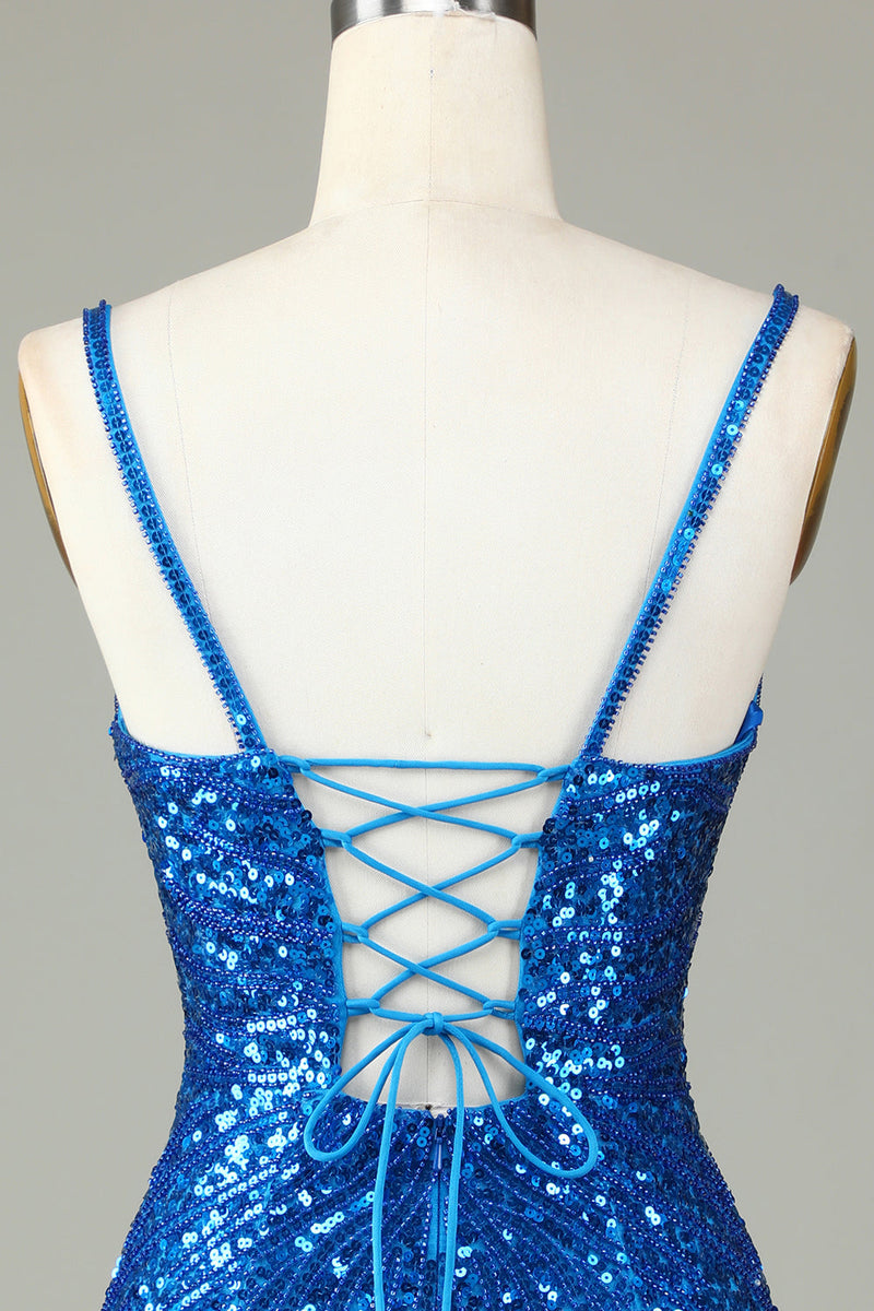 Load image into Gallery viewer, Sheath Spaghetti Straps Peacockt Blue Sequins 1920s Dress with Tassel