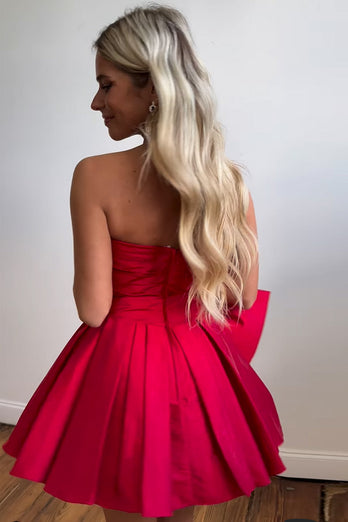 A-Line Satin Red Strapless Short Formal Dress with Bowknot