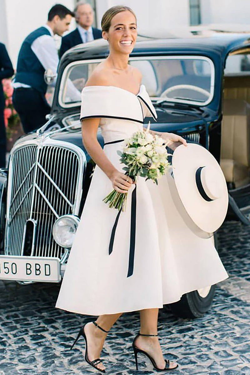 Load image into Gallery viewer, A-Line Off The Shoulder White Simple Bridesmaid Dress