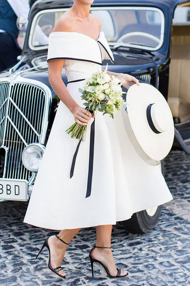 Load image into Gallery viewer, A-Line Off The Shoulder White Simple Bridesmaid Dress