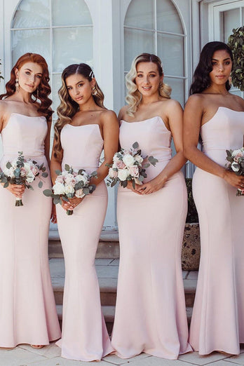 Mermaid Strapless Light Pink Long Bridesmaid Dress