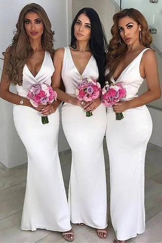 Mermaid Deep V-Neck Sleeveless White Bridesmaid Dress