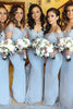 Load image into Gallery viewer, Mermaid Off The Shoulder Light Blue Bridesmaid Dress with Lace