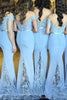 Load image into Gallery viewer, Mermaid Off The Shoulder Light Blue Bridesmaid Dress with Lace