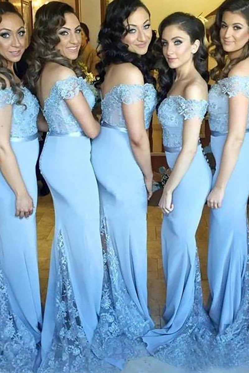 Load image into Gallery viewer, Mermaid Off The Shoulder Light Blue Bridesmaid Dress with Lace