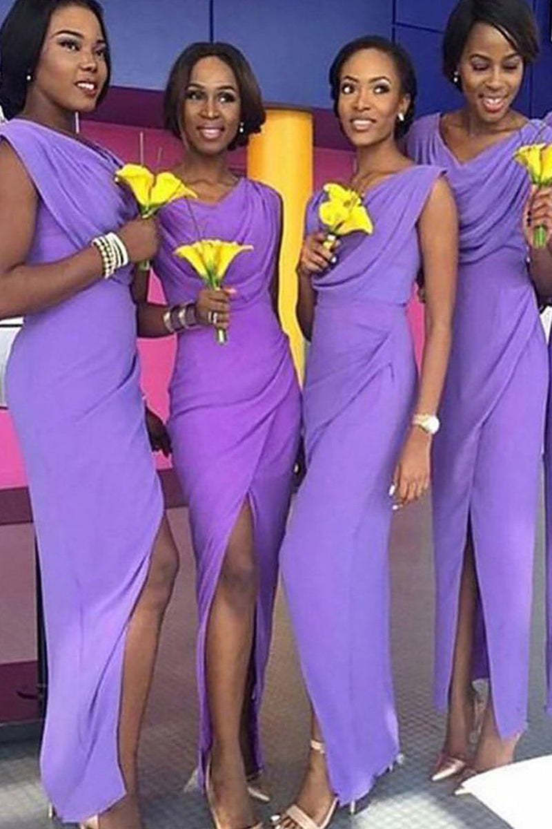 Load image into Gallery viewer, Simple Long Purple Bridesmaid Dress with Slit