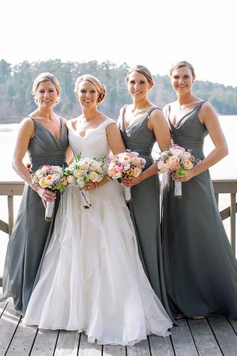 A-Line V-Neck Grey Green Bridesmaid Dress