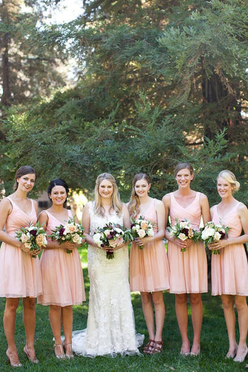 V-Neck Knee-Length Blush Bridesmaid Dress