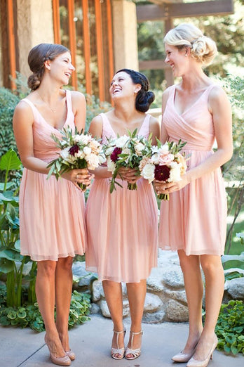 V-Neck Knee-Length Blush Bridesmaid Dress