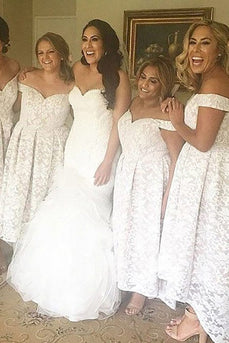 Off The Shoulder White Lace Bridesmaid Dress