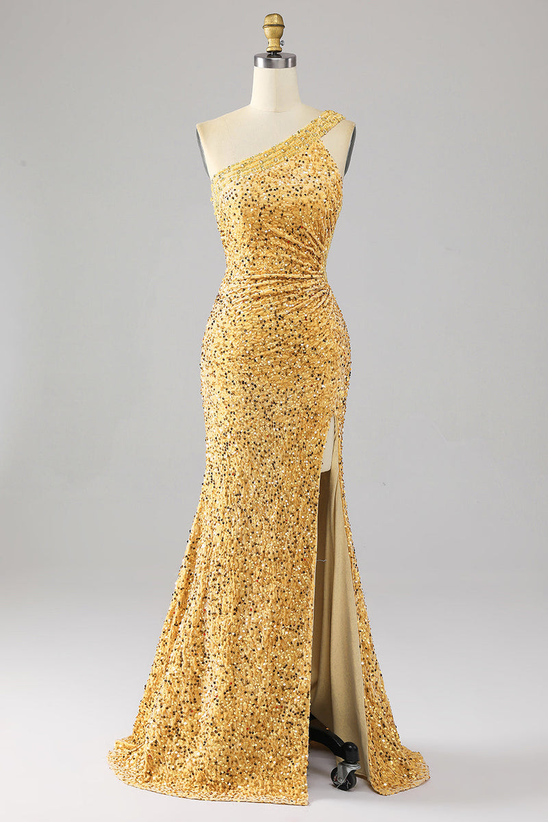 Load image into Gallery viewer, Mermaid Sequins One Shoulder Golden Long Formal Dress with Slit