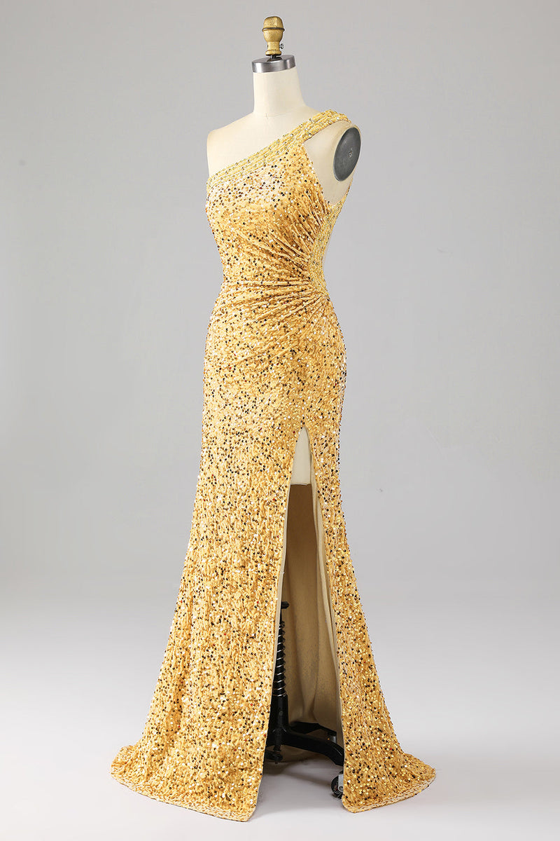 Load image into Gallery viewer, Mermaid Sequins One Shoulder Golden Long Formal Dress with Slit