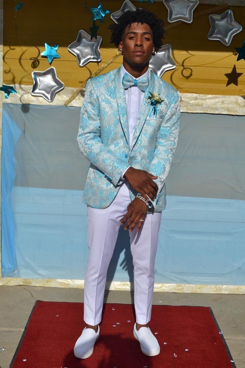 Load image into Gallery viewer, Shawl Lapel Jacquard One Button Light Blue Men&#39;s Prom Blazer