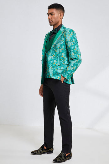 Green Jacquard 3 Piece Peak Lapel Men's Formal Party Suits