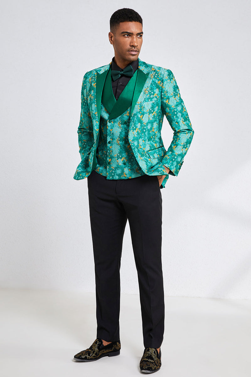 Load image into Gallery viewer, Green Jacquard 3 Piece Peak Lapel Men&#39;s Formal Party Suits