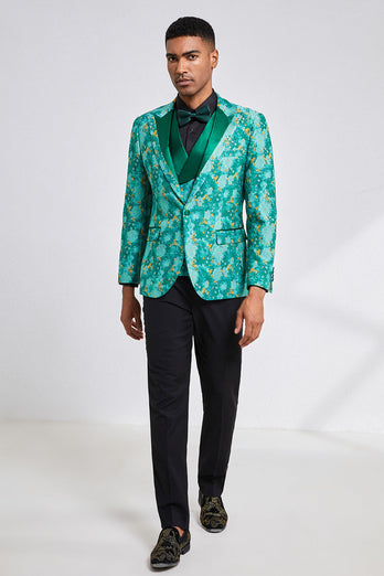 Green Jacquard 3 Piece Peak Lapel Men's Formal Party Suits