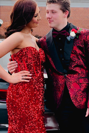 Burgundy Jacquard Shawl Lapel One Button Prom Homecoming Blazer