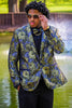 Load image into Gallery viewer, Green and Blue Flower Jacquard Shawl Lapel Formal Party Blazer