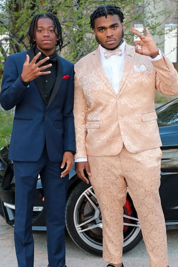 Light Khaki Notched Lapel Jacquard 2-Piece Men's Formal Party Suits