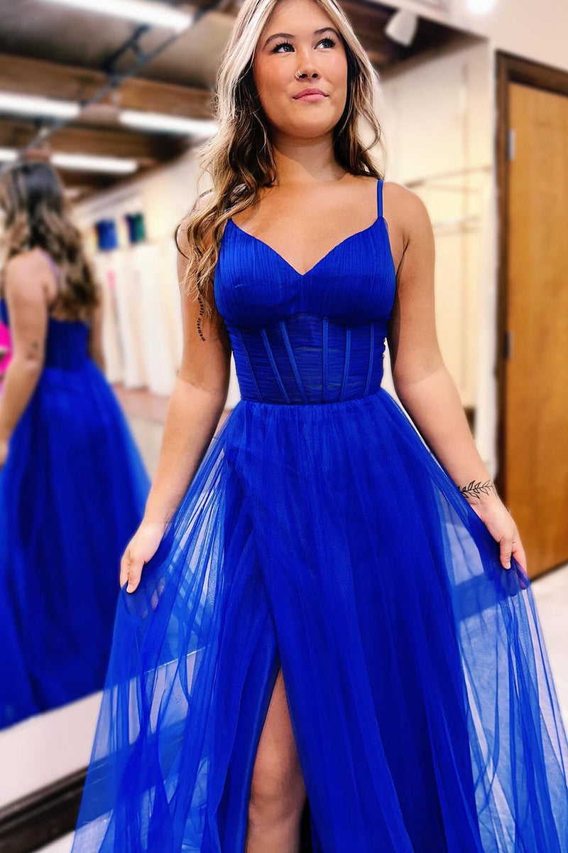 Load image into Gallery viewer, A-Line Royal Blue Spaghetti Straps Corset Formal Dress with Slit