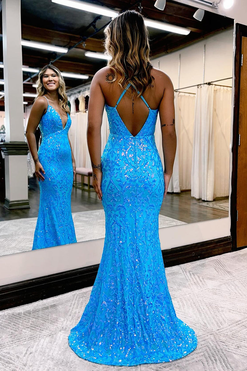 Load image into Gallery viewer, Sparkly Blue Spaghetti Straps Long Formal Dress