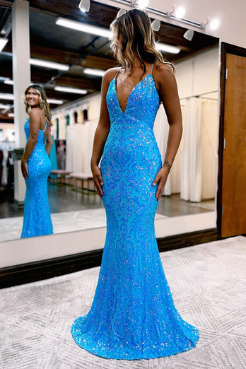 Sparkly Blue Spaghetti Straps Long Formal Dress