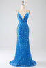 Load image into Gallery viewer, Blue Mermaid Spaghetti Straps Sequins Long Formal Dress