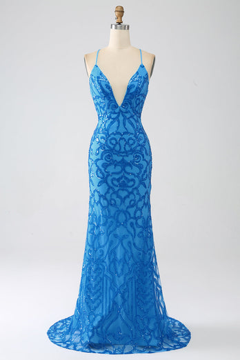 Blue Mermaid Spaghetti Straps Sequins Long Formal Dress