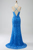 Load image into Gallery viewer, Blue Mermaid Spaghetti Straps Sequins Long Formal Dress