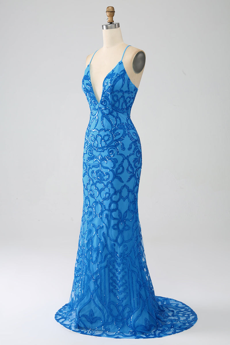 Load image into Gallery viewer, Blue Mermaid Spaghetti Straps Sequins Long Formal Dress