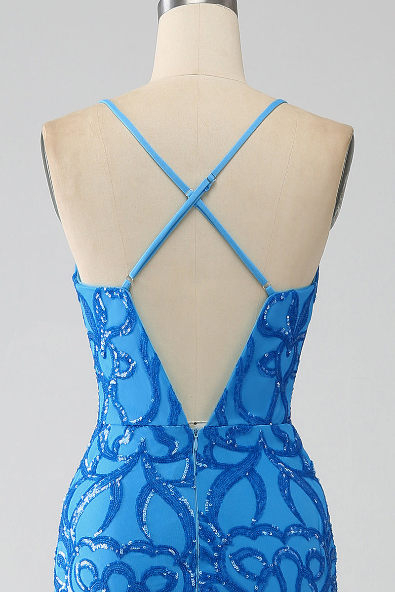 Load image into Gallery viewer, Blue Mermaid Spaghetti Straps Sequins Long Formal Dress