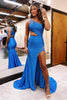 Load image into Gallery viewer, Mermaid One Shoulder Cut Out Blue Long Formal Dress with Beading