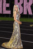 Load image into Gallery viewer, Sparkly Golden Mirror One Shoulder Long Formal Dress with Slit