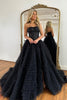 Load image into Gallery viewer, Sparkly Black Corset Spaghetti Straps Tulle A-Line Long Formal Dress with Slit