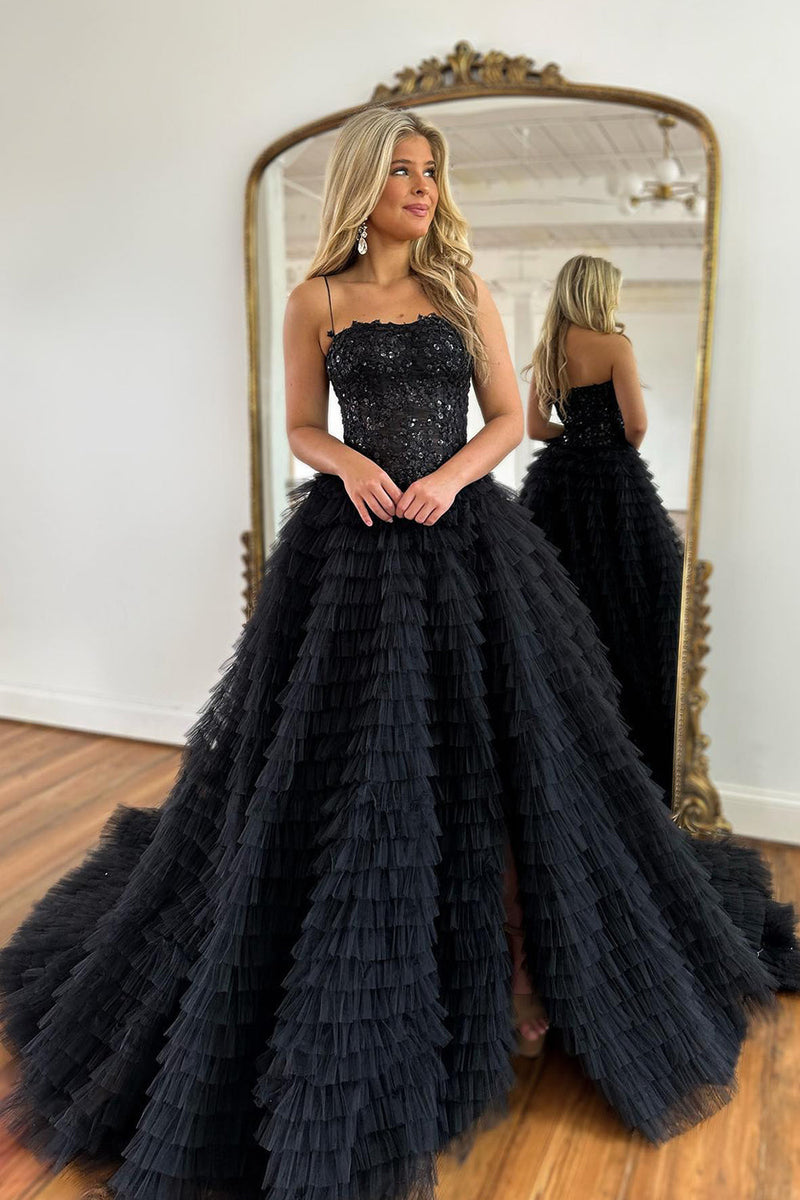 Load image into Gallery viewer, Sparkly Black Corset Spaghetti Straps Tulle A-Line Long Formal Dress with Slit