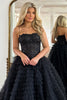 Load image into Gallery viewer, Sparkly Black Corset Spaghetti Straps Tulle A-Line Long Formal Dress with Slit