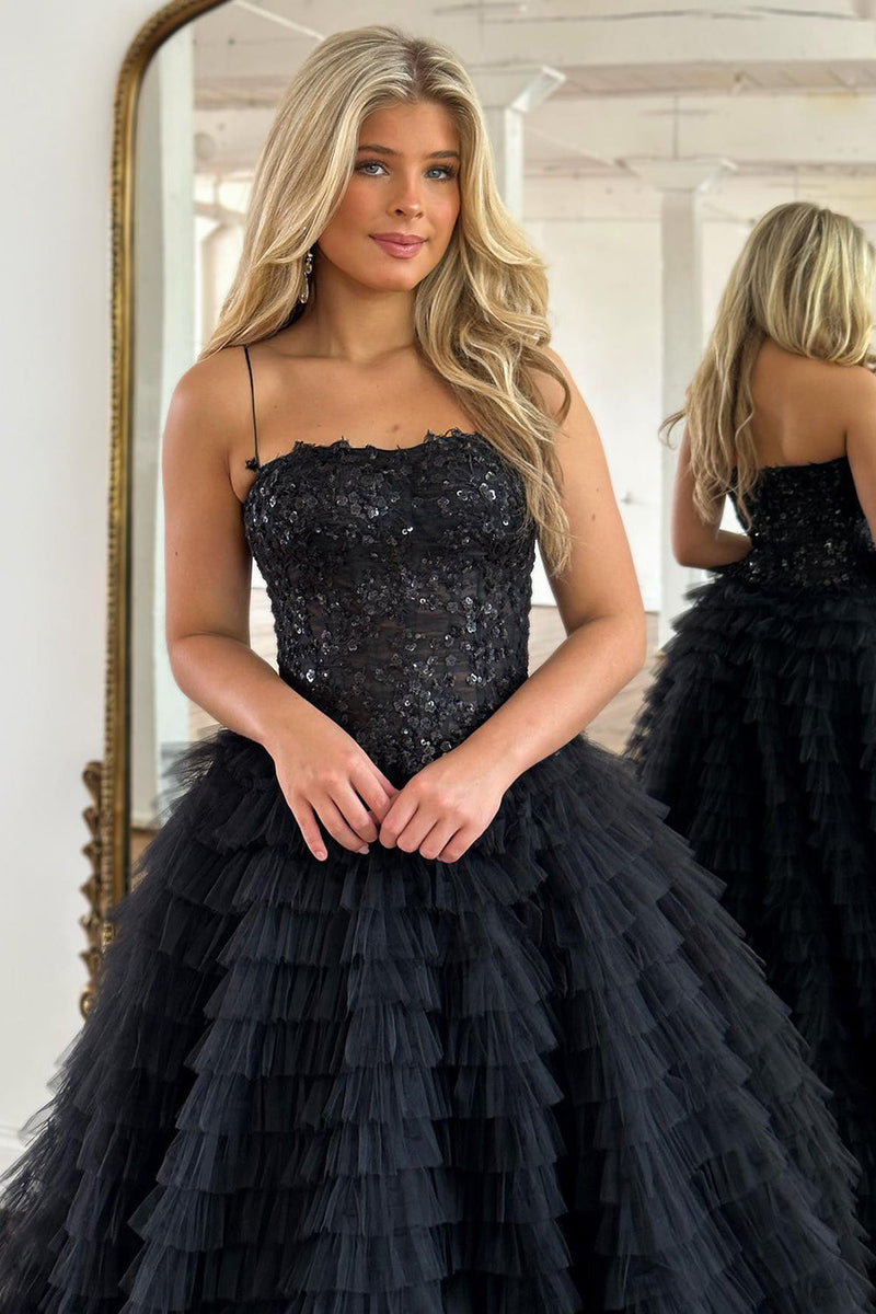 Load image into Gallery viewer, Sparkly Black Corset Spaghetti Straps Tulle A-Line Long Formal Dress with Slit